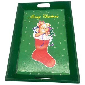 holiday traditions Merry Christmas wood tray green stocking bear handles 8.5x11.